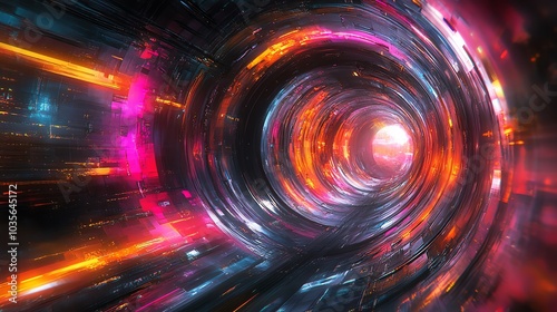 Colorful abstract tunnel with vibrant streaks of light, futuristic digital design.