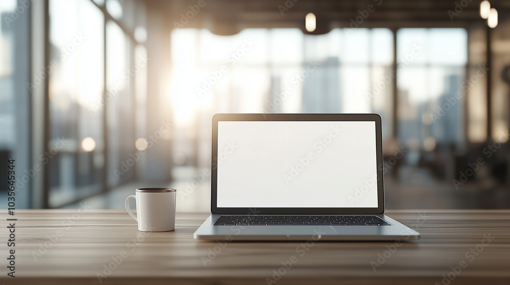 Blank Laptop Screen with Coffee Cup on a Wooden Table in a Bright Office