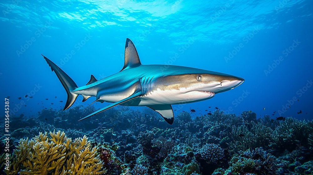 Fototapeta premium Shark Patrols Coral Reef in Glowing Blue Ocean Depths