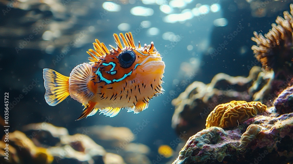 Fototapeta premium Colorful Pufferfish Near Coral Under Sunlight – Stunning Underwater Scene