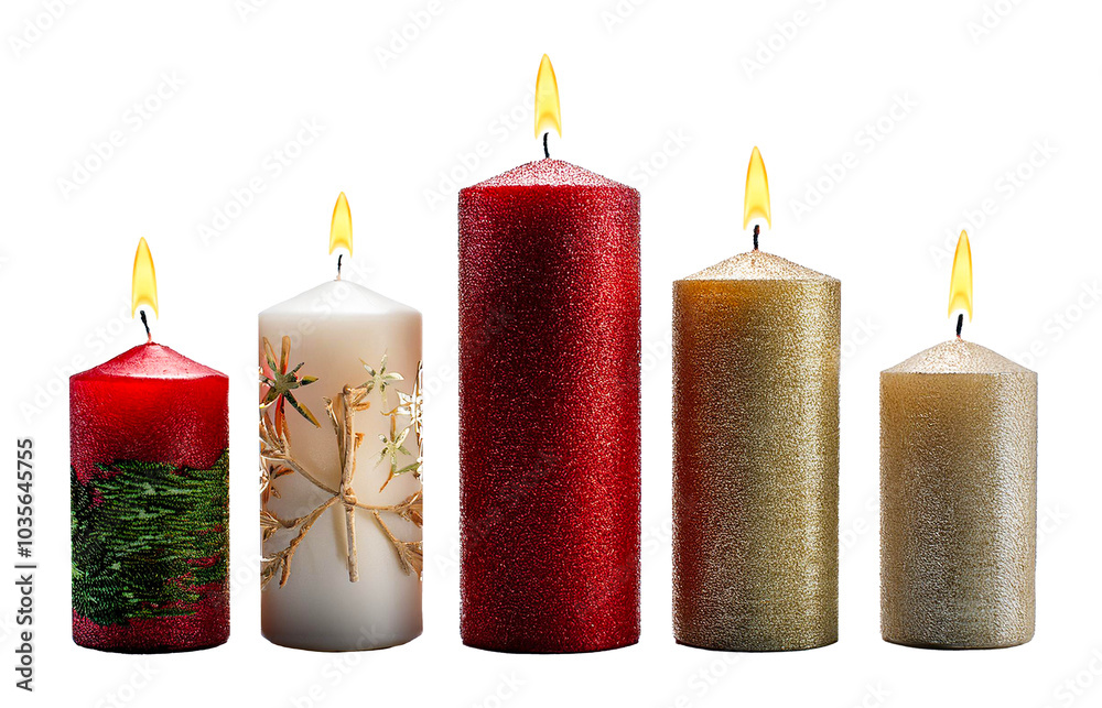 A set of five Christmas candles in different heights and colors, including red, red with green, white with a festive pattern, and gold. Isolated on transparent background.