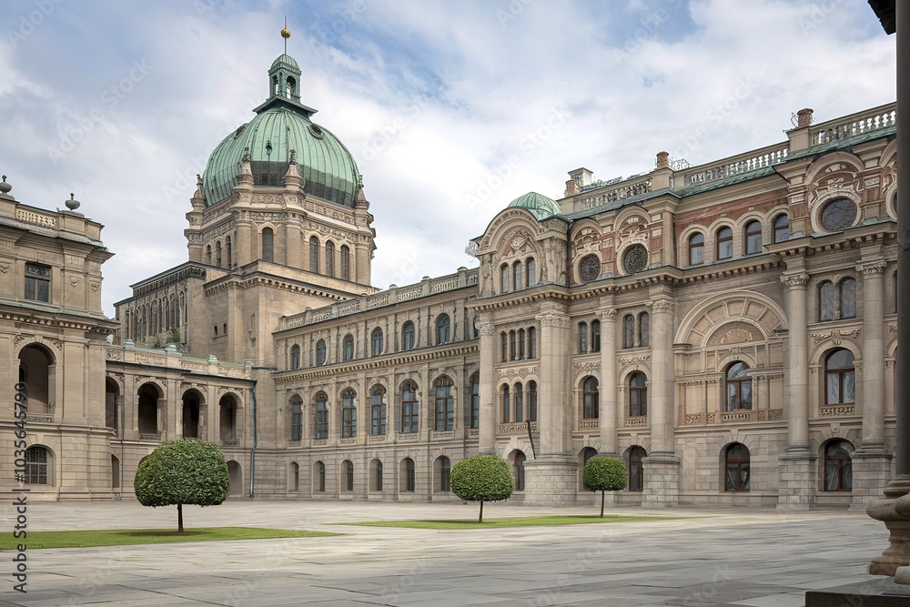 A grand, ornate palace with a large green dome on top, surrounded by other ornate buildings in a courtyard setting A grand, ornate palace with a large green dome on top, surrounded by other ornate buildings in a courtyard setting