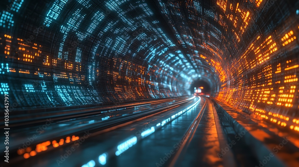 Futuristic tunnel with glowing lights, motion blur effect, captivating perspective. Futuristic tunnel with glowing lights, motion blur effect, captivating perspective.
