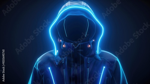 Glowing blue neon-lit hooded jacket with zipper and high collar on dark background