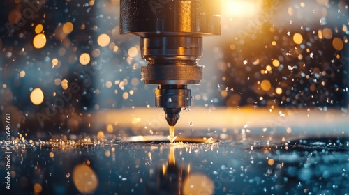 Close-up of a precision machining process with droplets and bokeh lighting effects.