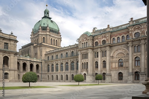 A grand, ornate palace with a large green dome on top, surrounded by other ornate buildings in a courtyard setting