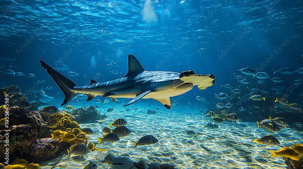 Fototapeta premium Hammerhead Shark Swimming in School of Fish Under Sunlight
