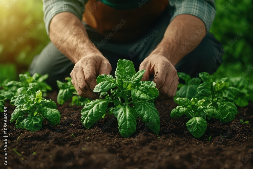 Fototapeta premium Gardener tending to young spinach plants in rich soil, nurturing growth and sustainability.