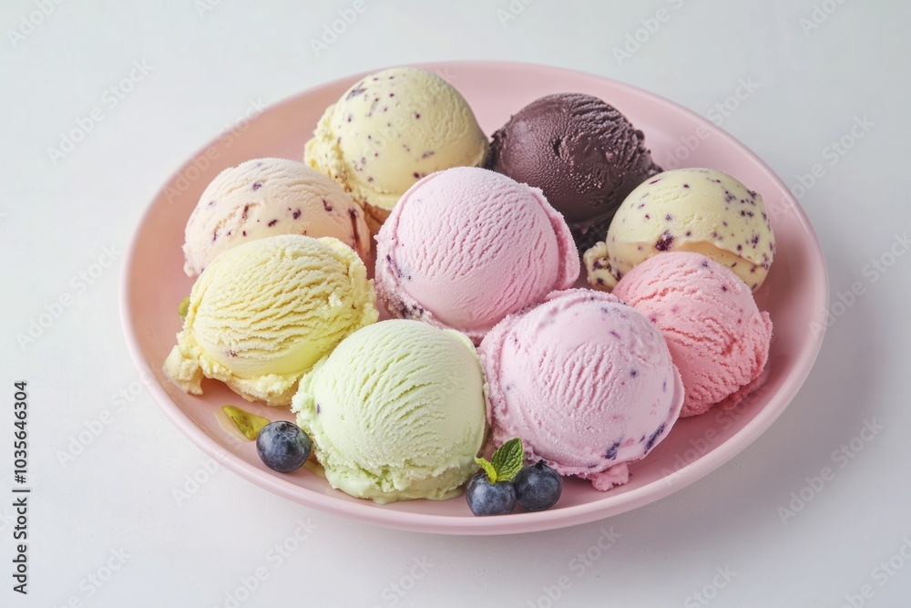 An assortment of ice cream scoops placed on a pastel pink plate, showcasing flavors such as pistachio, coconut, and blueberry. The soft background highlights the textures and colors of the ice cream An assortment of ice cream scoops placed on a pastel pink plate, showcasing flavors such as pistachio, coconut, and blueberry. The soft background highlights the textures and colors of the ice cream