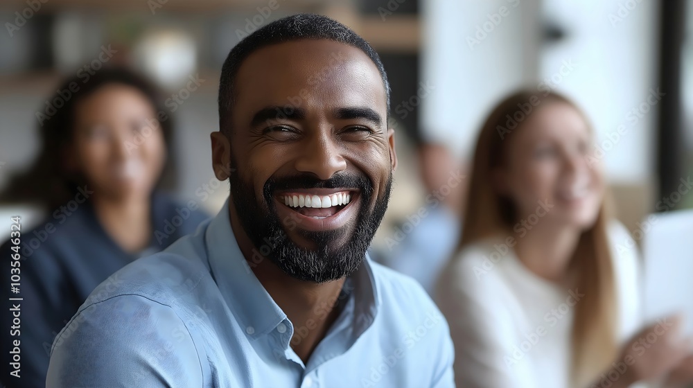 Cheerful bearded man in white shirt smiling at camera. Professional workplace and team atmosphere Cheerful bearded man in white shirt smiling at camera. Professional workplace and team atmosphere