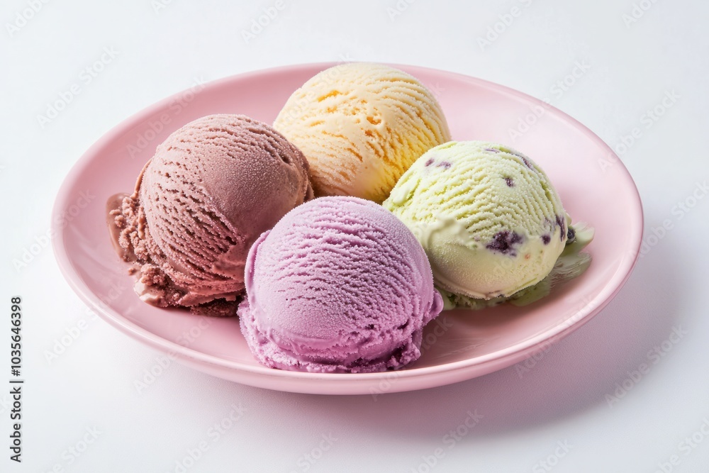An assortment of ice cream scoops placed on a pastel pink plate, showcasing flavors such as pistachio, coconut, and blueberry. The soft background highlights the textures and colors of the ice cream An assortment of ice cream scoops placed on a pastel pink plate, showcasing flavors such as pistachio, coconut, and blueberry. The soft background highlights the textures and colors of the ice cream