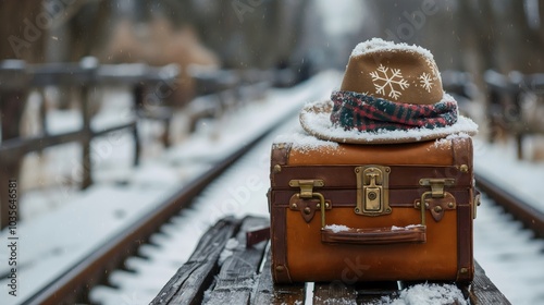 Vintage suitcase and hat on snowy train platform. Winter travel nostalgia