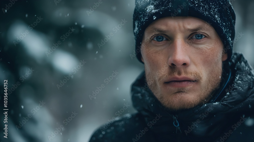 Man in winter gear during snowfall. Extreme weather portrait Man in winter gear during snowfall. Extreme weather portrait