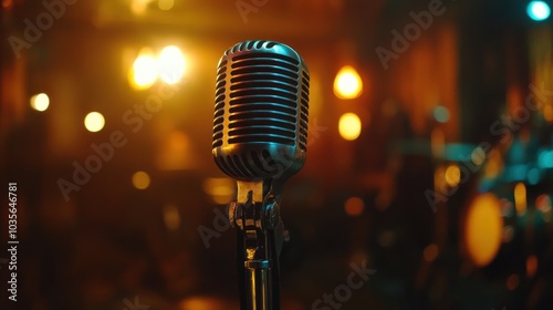 A close-up of a vintage microphone with a blurred background, suggesting a music performance setting.