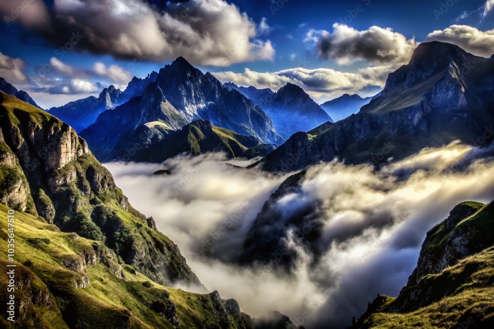 Obraz premium Breathtaking Majestic Mountain Range with Clouds and Fog – Nature's Majesty Captured in Stunning Detail
