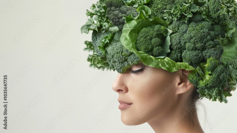 Digital composite of a woman with a broccoli brain, emphasizing the role of greens in brain health Digital composite of a woman with a broccoli brain, emphasizing the role of greens in brain health