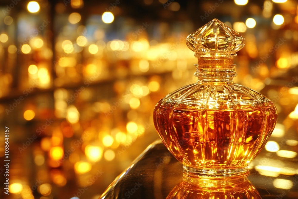 Luxury Perfume Bottle with Golden Bokeh Background Luxury Perfume Bottle with Golden Bokeh Background