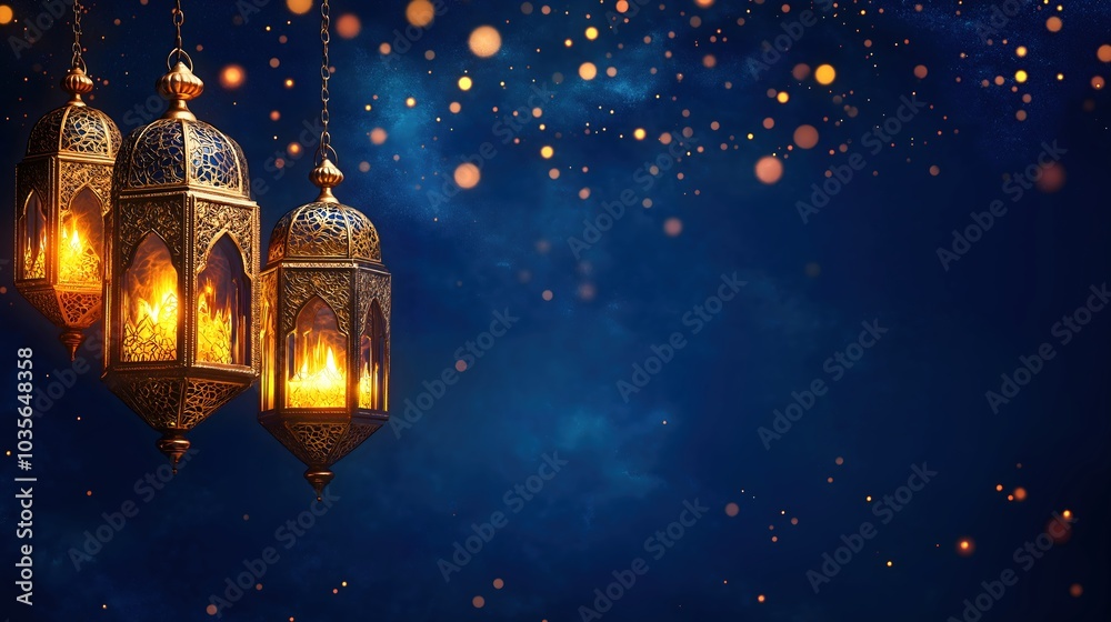 Golden ornamental lanterns with glowing candles hanging against starry blue night sky Golden ornamental lanterns with glowing candles hanging against starry blue night sky