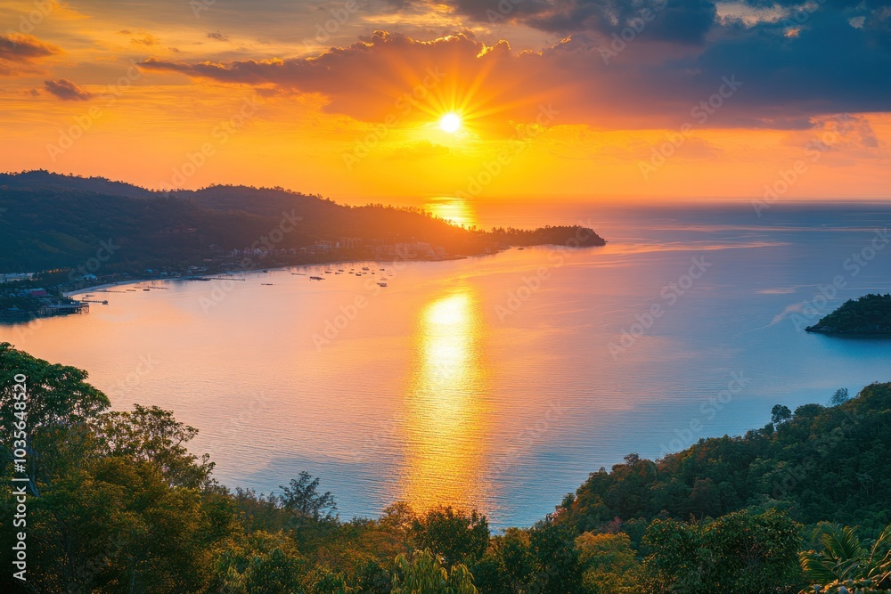 Fototapeta premium Golden sunlight gently setting over the horizon, illuminating the Andaman Sea, with a panoramic view of Windmill View Point, Phuket.