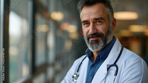 Bearded male doctor wearing white coat and stethoscope standing in blurred medical facility