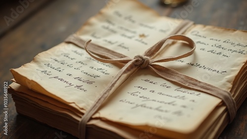 Vintage stack of love letters tied with faded ribbon one with creases and smudged writing