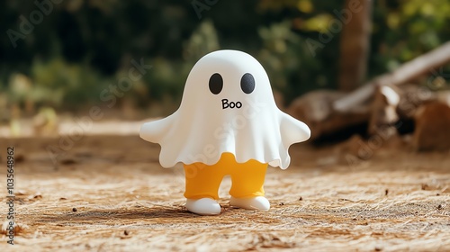 A cute ghost figurine with yellow pants stands in a forest clearing. The ghost has a friendly expression and the word 