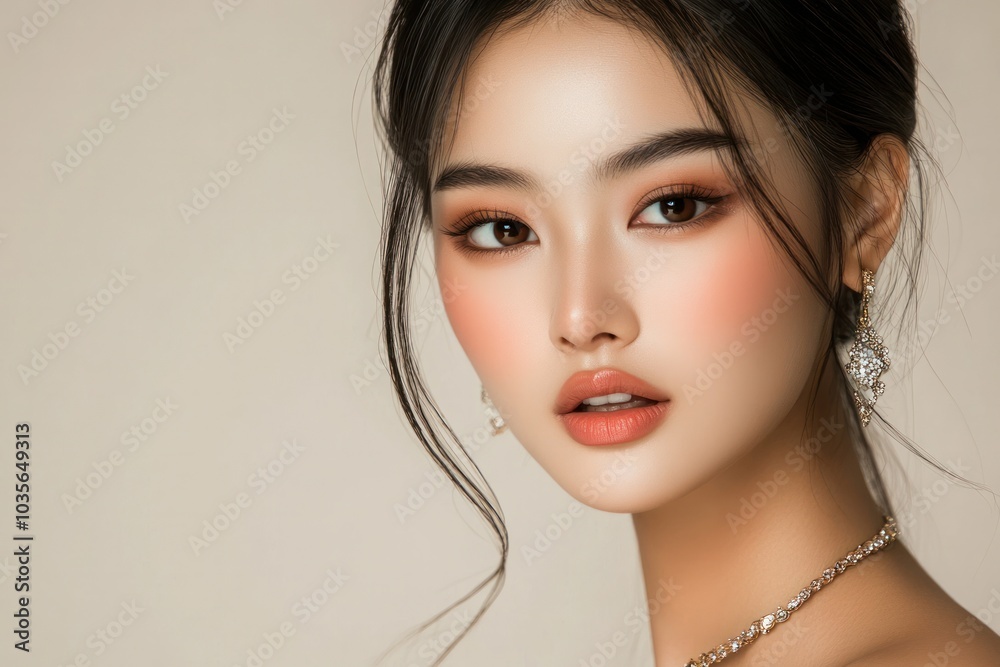Stunning Asian model with flawless makeup, wearing luxurious jewelry and exuding confidence, standing in front of a smooth beige backdrop Stunning Asian model with flawless makeup, wearing luxurious jewelry and exuding confidence, standing in front of a smooth beige backdrop
