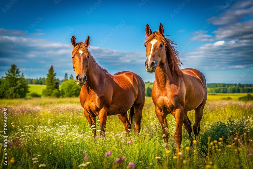 Obraz premium Brown Horses in a Meadow on Wolfe Island, Ontario, Canada - Nature and Wildlife Photography