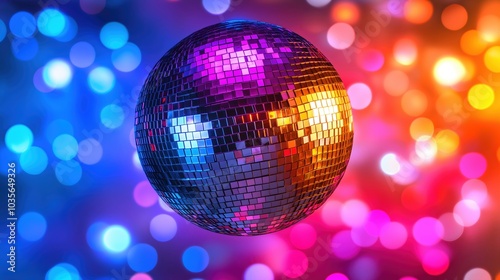 Colorful disco ball with reflections. Party and nightclub atmosphere concept