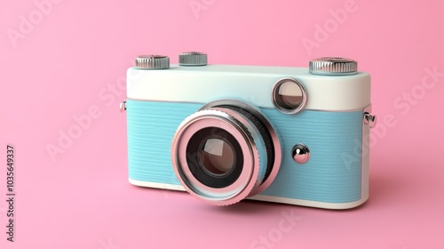 A vintage-style camera in pastel blue and white against a pink background.