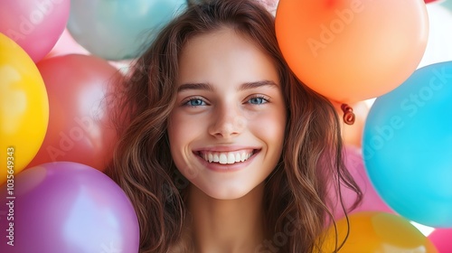 Smiling woman surrounded by colorful balloons. Birthday and celebration concept