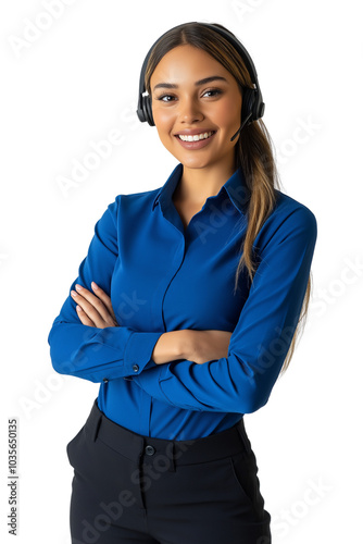 A happy female call center agent or receptionist with headset speaking, counseling in a transparent PNG or white background. assist, telemarketing, customer support operator, representative concept.	
