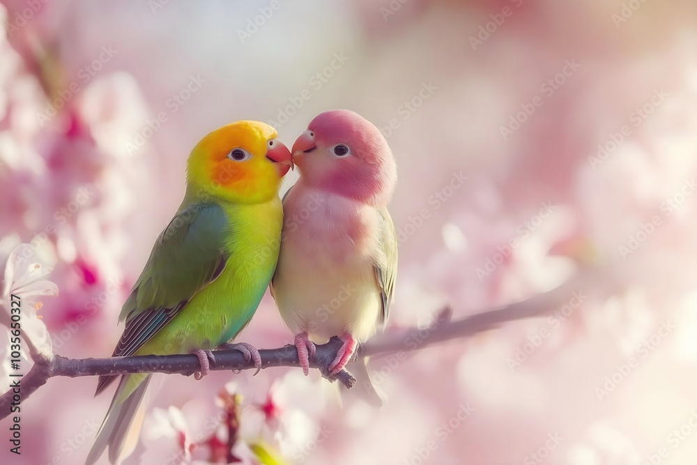 Obraz premium Colorful lovebirds perched on branch with cherry blossoms. Nature and romance concept