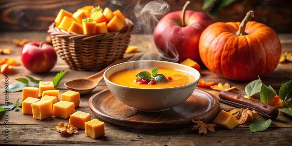 Butternut Squash Soup with Diced Butternut Squash and Apples in Tilt-Shift Style Butternut Squash Soup with Diced Butternut Squash and Apples in Tilt-Shift Style