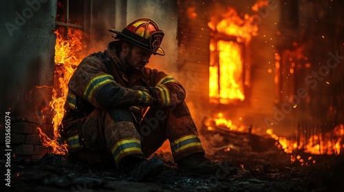 A firefighter sits exhausted amidst a raging fire, reflecting on the intense situation.