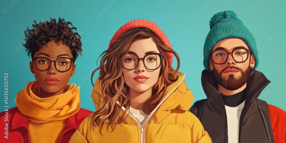 Three stylish individuals wearing colorful winter jackets and hats, posing confidently against a bright blue background. Three stylish individuals wearing colorful winter jackets and hats, posing confidently against a bright blue background.