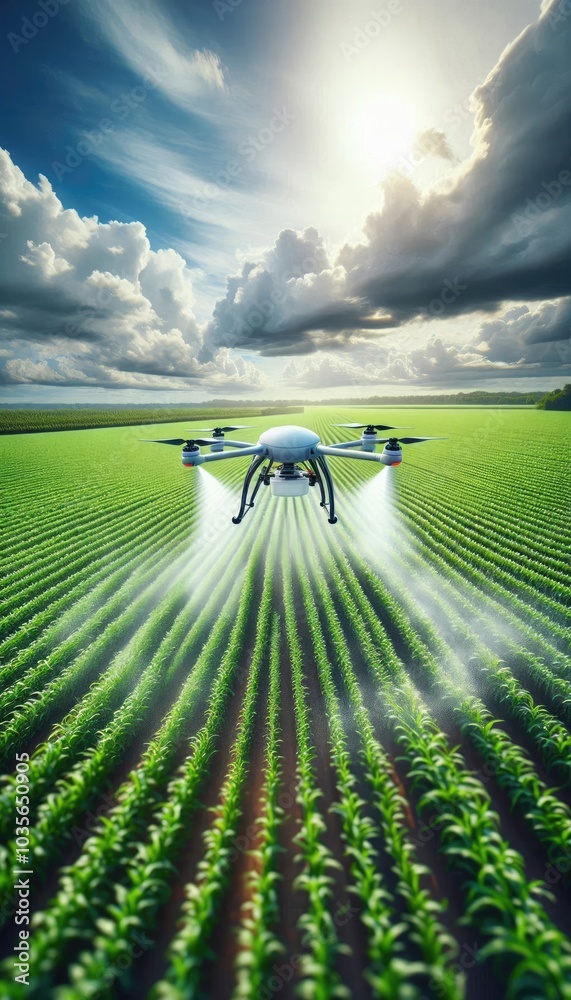 High-Tech Agricultural Drone Spraying Fertilizer Over a Green Crop Field, Showcasing Precision Farming Technology and Sustainable Practices Under a Partly Cloudy Sky
