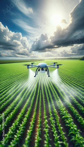 Obraz na płótnie High-Tech Agricultural Drone Spraying Fertilizer Over a Green Crop Field, Showcasing Precision Farming Technology and Sustainable Practices Under a Partly Cloudy Sky w salonie