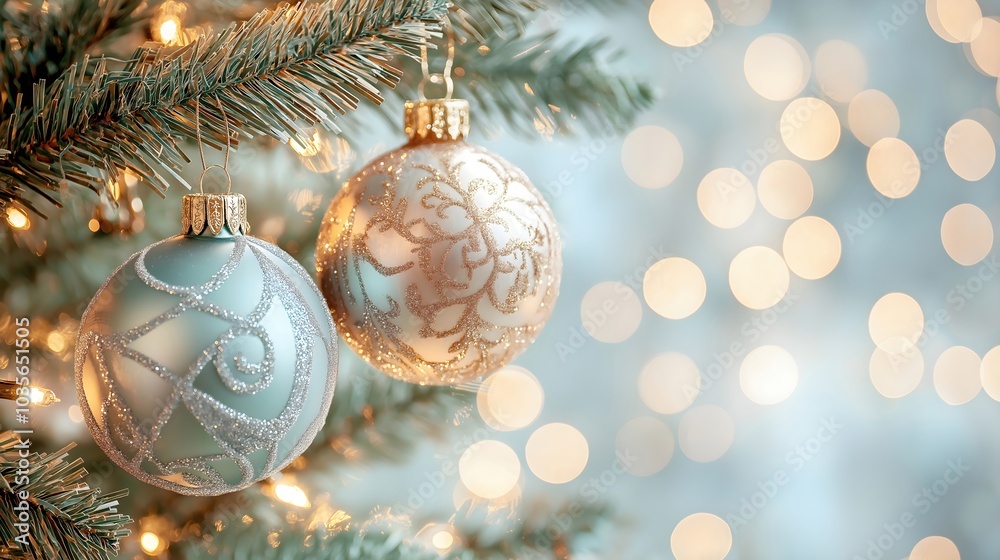 Ornate Christmas ornaments hanging on pine tree. Festive holiday decoration and winter celebration concept Ornate Christmas ornaments hanging on pine tree. Festive holiday decoration and winter celebration concept