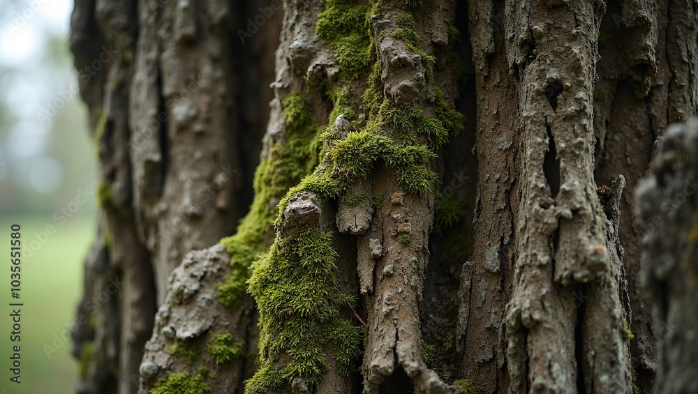 Detailed close up of old oak tree bark with moss in ridges Detailed close up of old oak tree bark with moss in ridges