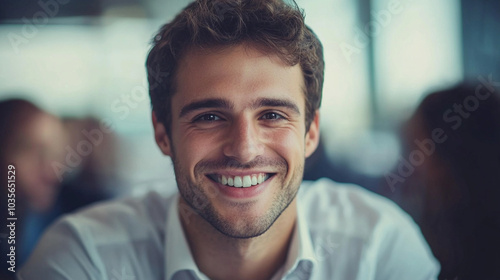 Happy young businessman attending a meeting with his team
