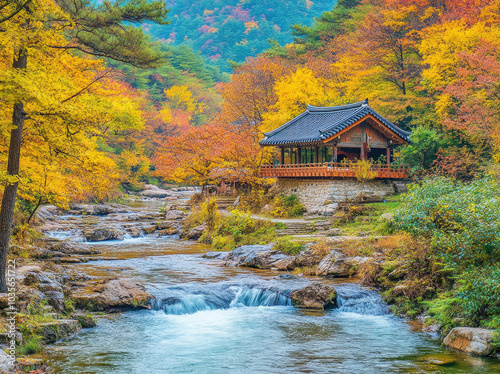 A picturesque autumn scene in South Korea, showcasing the vibrant colors of fall foliage and serene rivers against blue skies