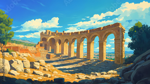 Barcelona's ancient stage the roman amphitheatre or teatre grec. Roman Aqueduct. Illustration photo