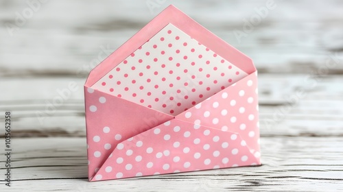 Pink polka dot envelope with white interior on wooden surface