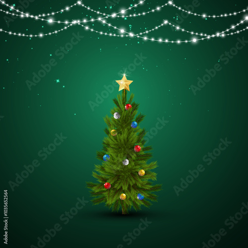 Merry Christmas, Happy New Year with christmas tree and balls. Realistic 3d elegant style. Winter Christmas background. Vector illustration
