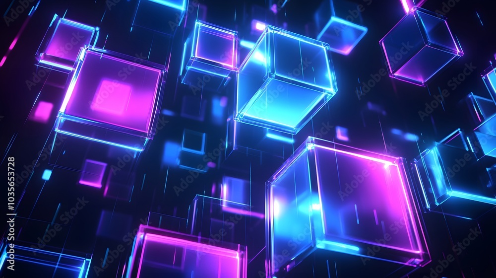 A vibrant vector background featuring neon blue and purple squares arranged in an intricate pattern, creating a futuristic and dynamic design A vibrant vector background featuring neon blue and purple squares arranged in an intricate pattern, creating a futuristic and dynamic design