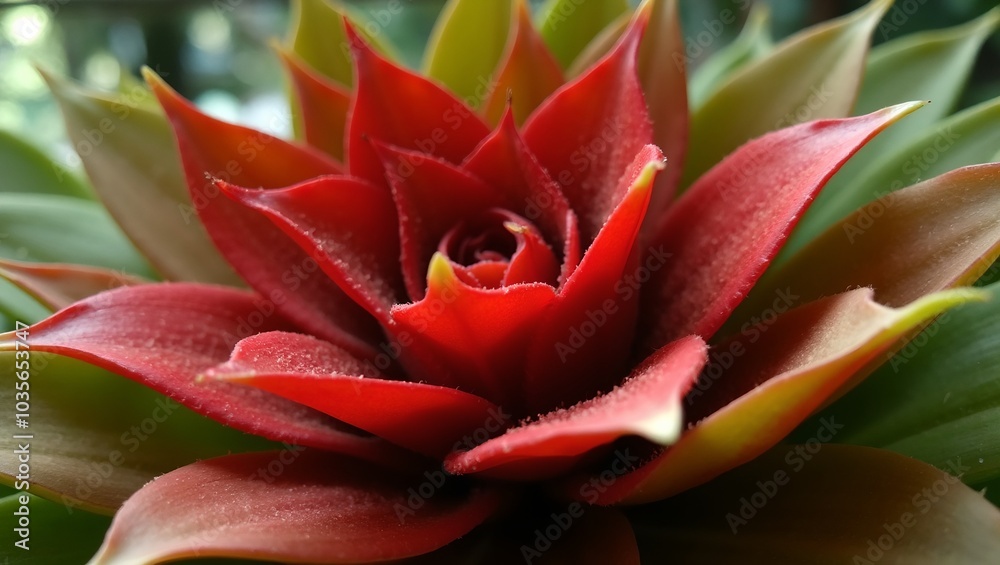 Vibrant red and green bromeliad plant with waxy leaves forming a natural bowl Vibrant red and green bromeliad plant with waxy leaves forming a natural bowl