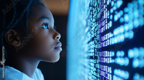 Black school pupil studying IT at computer learning digital code online software ai cyber security threats Artificial intelligence