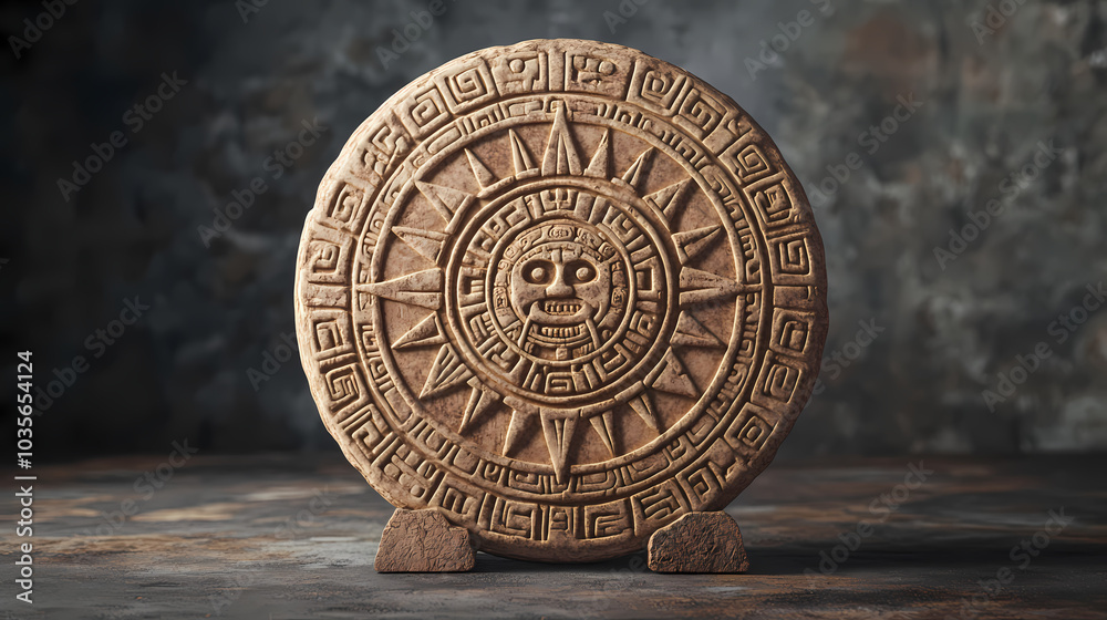 Obraz premium Ancient aztec sun calendar carving on rustic background - traditional mesoamerican symbol with cultural and historical significance. Aztec Sun Stone. Illustration