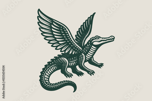 Flying crocodile with wings. Vintage retro engraving illustration. emblem, print,  icon, isolated element	